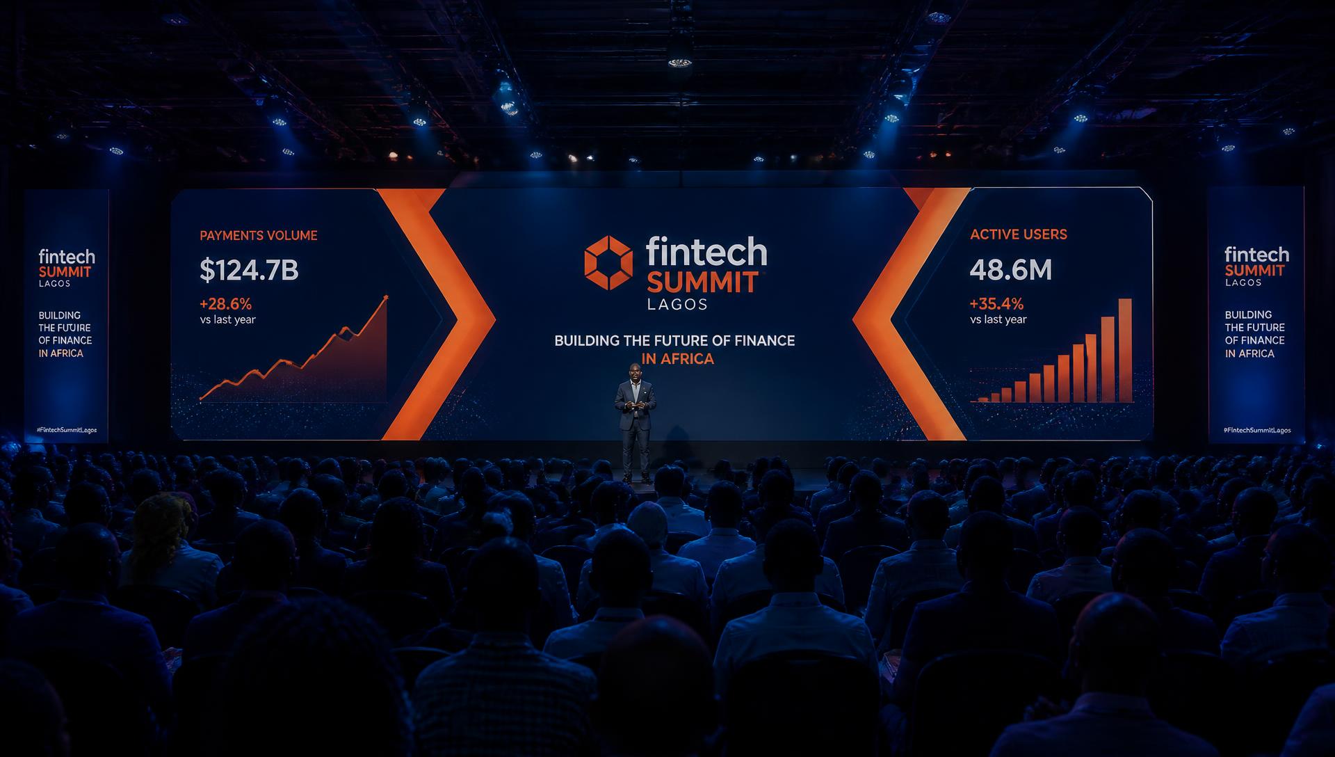 Main stage at a fintech conference with a keynote speaker in front of a large audience